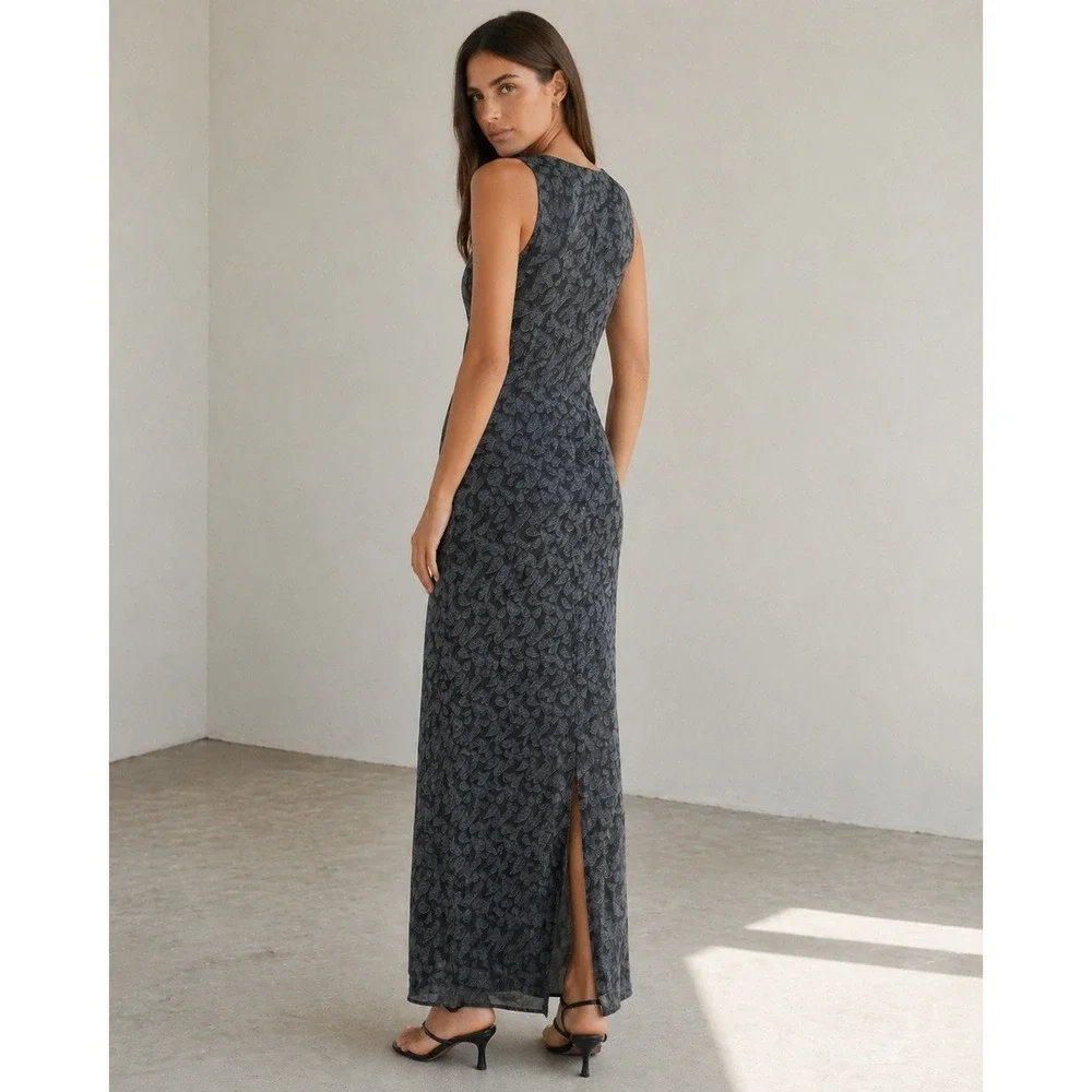 Banana Republic Sz 8 Gray 100% Silk Leaf Maxi Sheath Dress Sleeveless Back Slit - Picture 2 of 12